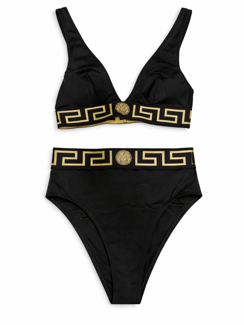 Versace Black & Gold Logo Waistband Swimsuit Top And Bottom Size 2